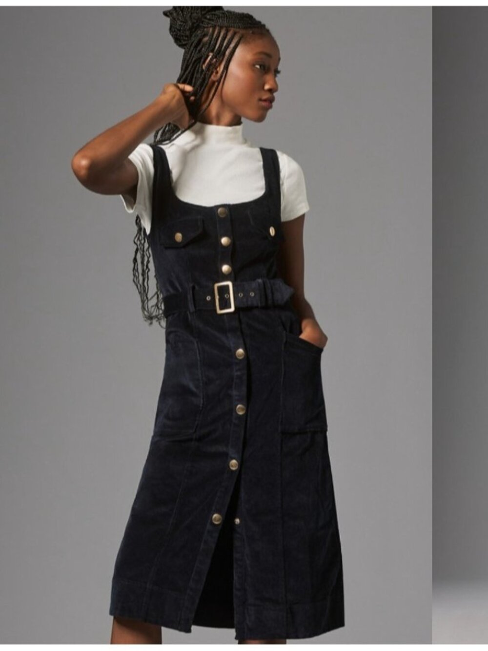 Maeve Anthropologie Navy Velvet Corduroy Belted Midi Dress Button Front Sze 12 - Picture 10 of 12